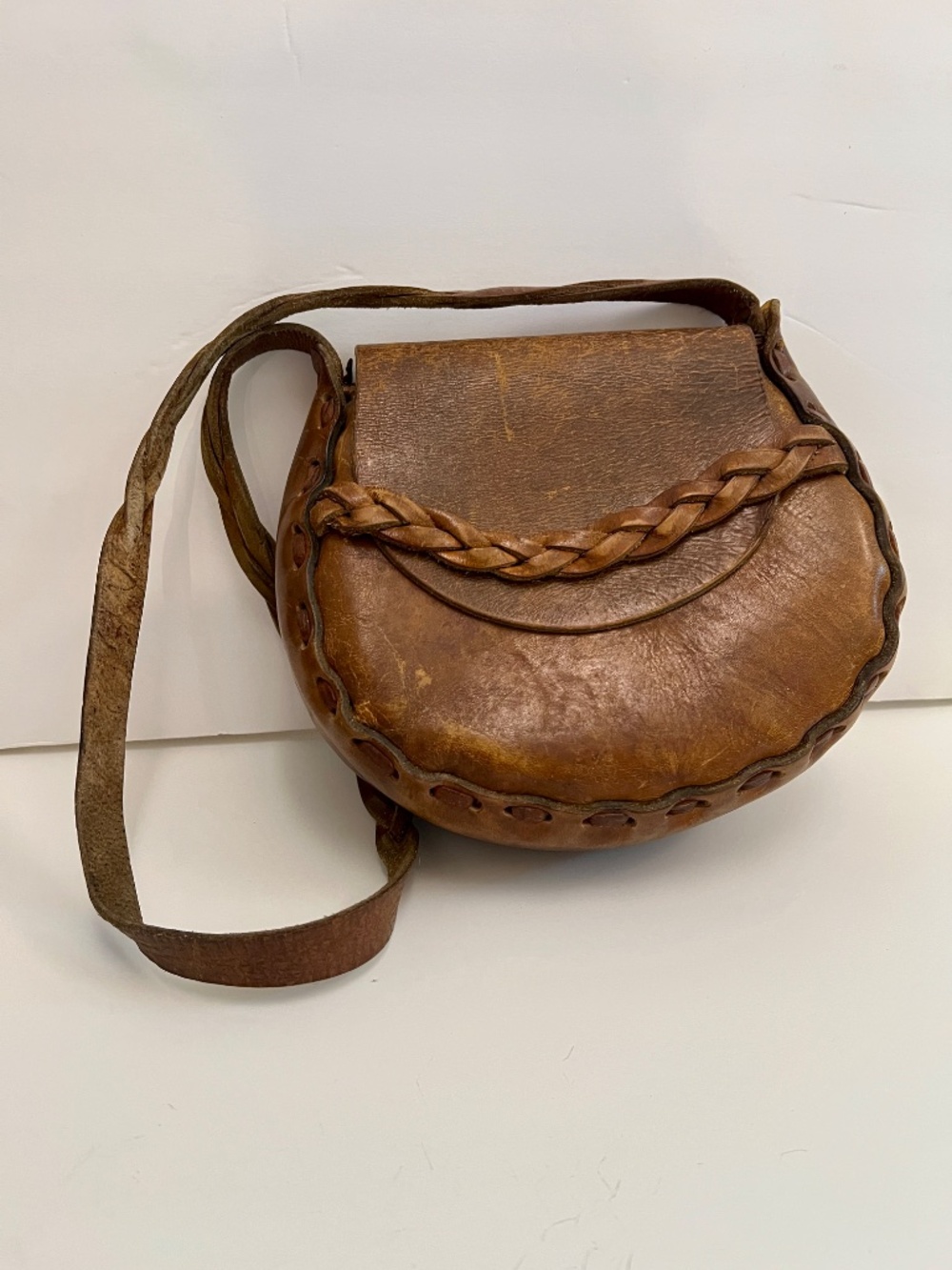 Vintage Brown Leather Purse Braided Strap